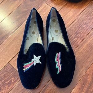 Boden blue velvet shoes with beaded embroidery on each shoe.